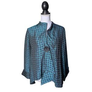IC by Connie K Blue Black Textured Asymmetrical Hem Button Front Jacket Large